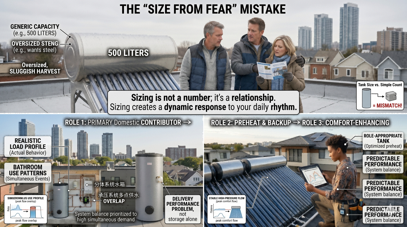 Oversizing a pressurized solar water heater from fear instead of matching storage to actual household demand and system role